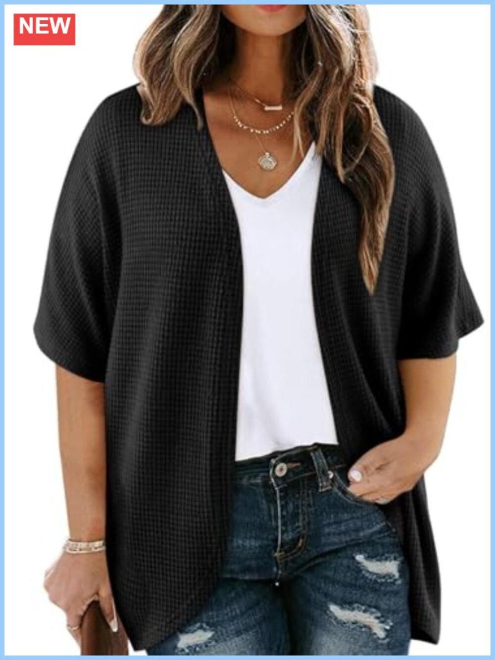 Plus Size Waffle Knit Open Front Kimono Cardigan Short Sleeve